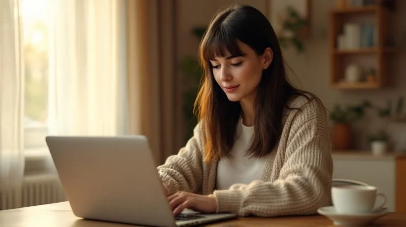 Frau recherchiert Weiterbildungsmoeglichkeiten am Laptop in einem Dresdner Apartment