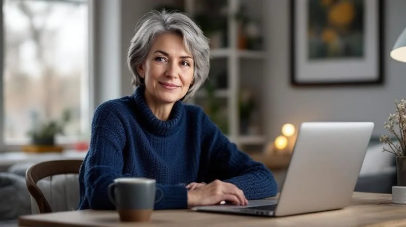 Frau nimmt an einem Online-Kurs teil und macht sich Notizen am Schreibtisch in Dresden