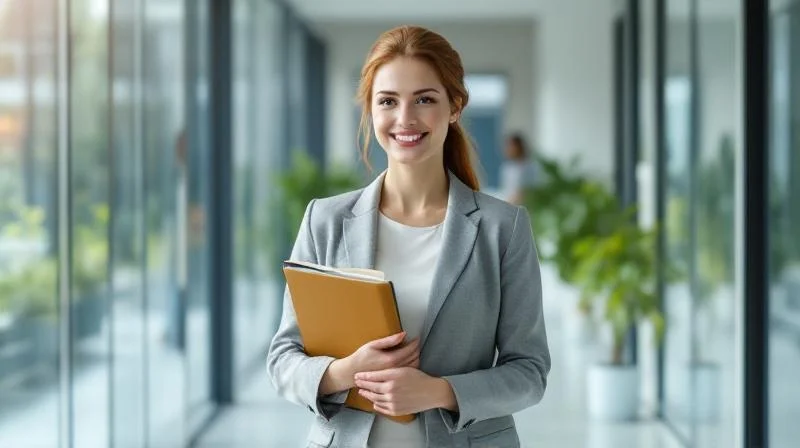 Frau mit Unterlagen in einem modernen Buero in Dresden