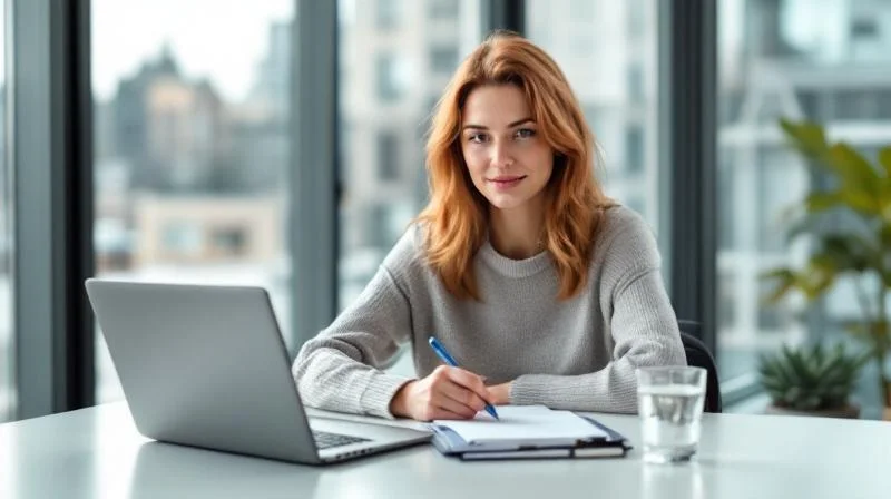 Frau arbeitet konzentriert am Laptop in einem modernen Coworking-Space in Dresden