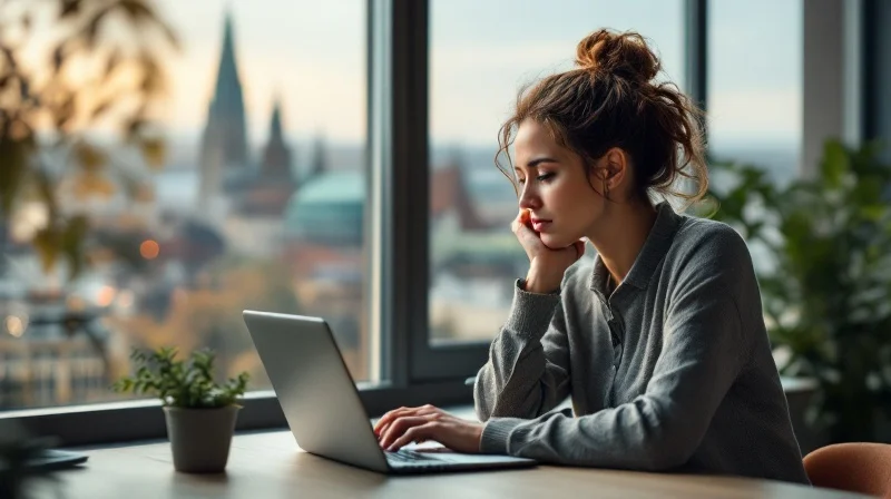 Dresdner Angestellte im Coworking-Space mit Laptop, im Hintergrund Elbe und Frauenkirche
