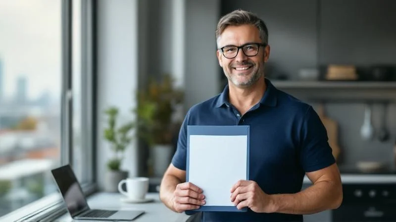 Mann haelt stolz ein Pruefungszeugnis in einem hellen Raum in Dresden