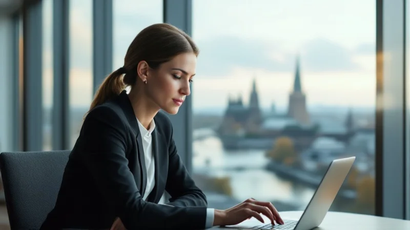 Dresdner Geschäftsführerin im Silicon-Saxony-Büro mit Blick auf Elbpanorama und Frauenkirche