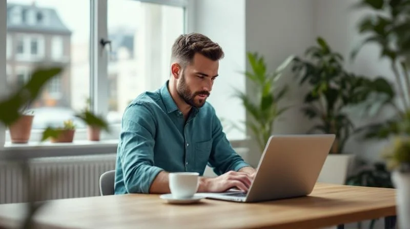 Quereinsteiger arbeitet konzentriert am Laptop in einem hellen Coworking-Space im Dresdner Neustadt-Viertel