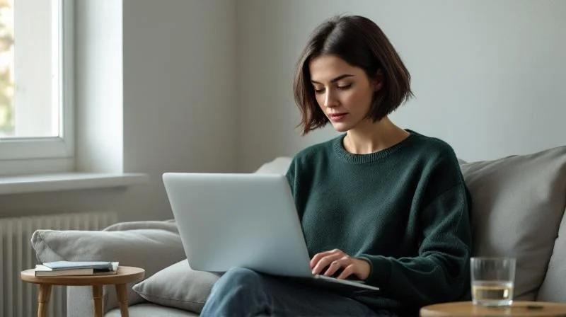 Frau arbeitet konzentriert am Laptop in einem hellen Raum in Dresden