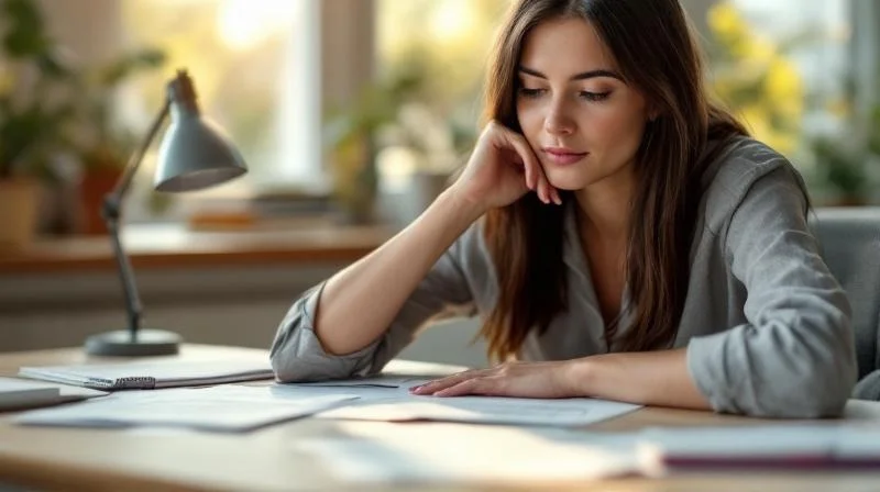 Junge Frau mit Unterlagen am Schreibtisch in einem hellen Buero in Dresden